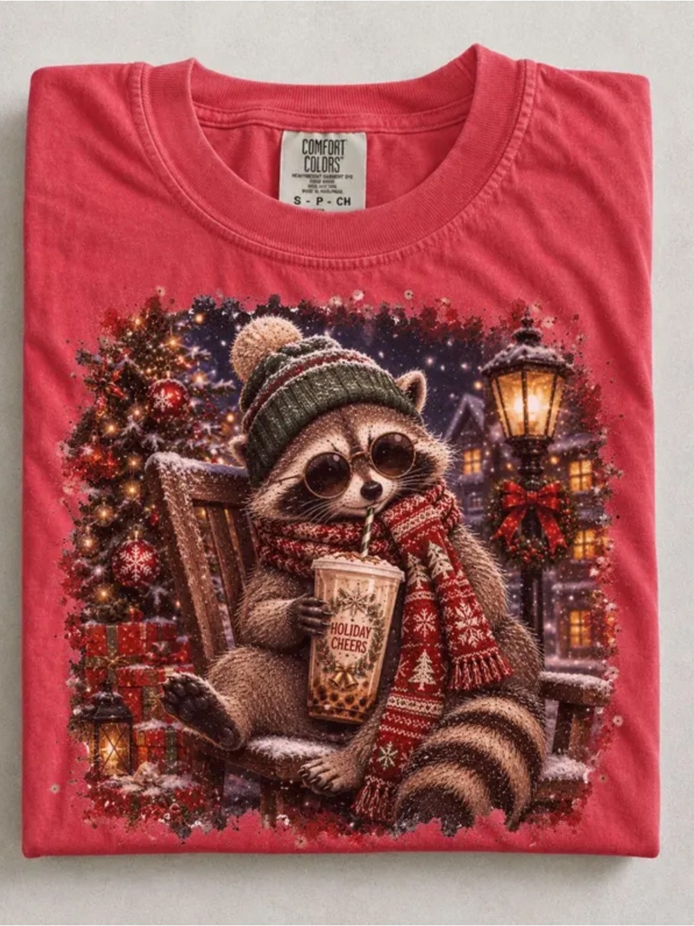 Comfort Colors Crimson Women's Short Sleeve Holiday Raccoon Graphic Tee
